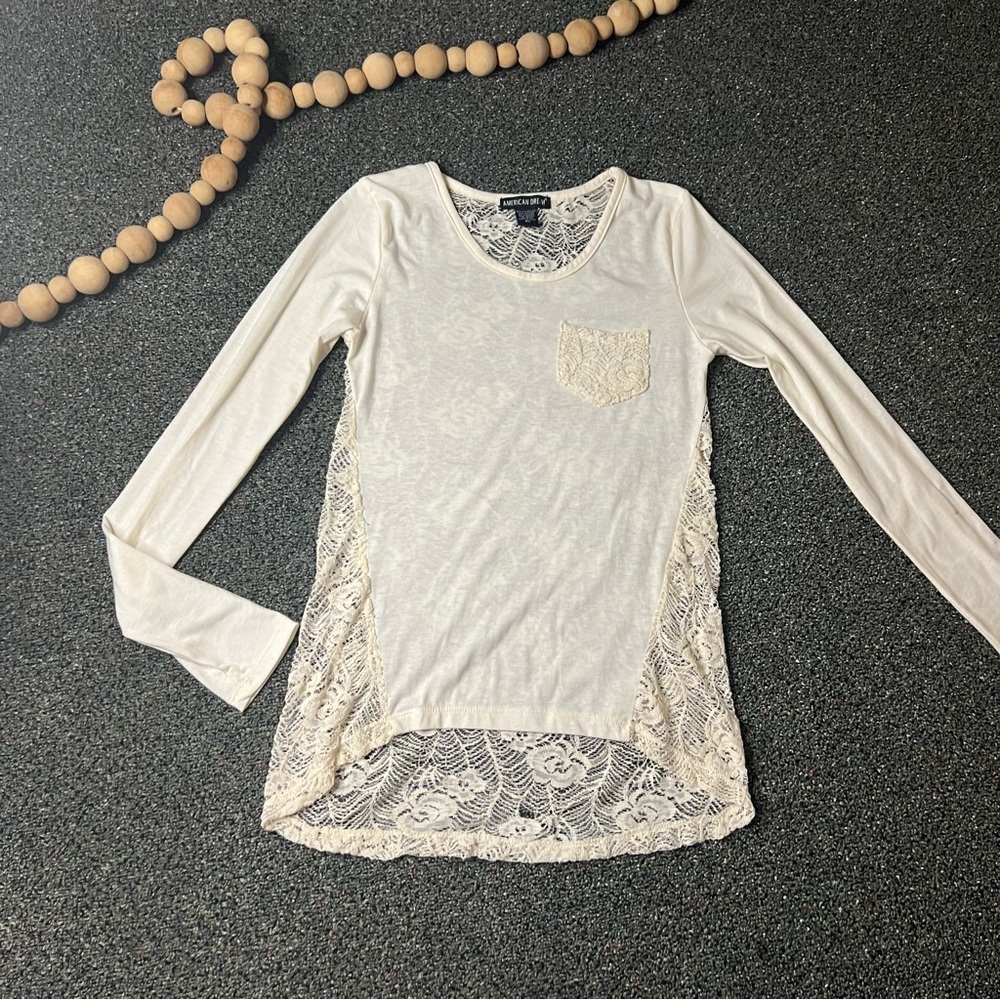 Y2K 2000 Cream White Lace Long-Sleeve Jersey T-Shirt Elena Gilbert Style Top XS